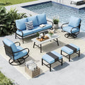 MFSTUDIO 6 Pieces Metal Patio Furniture Sets, 2 Swivel Chair, 1 Deep Seating 3-Seat Sofa, 2 Ottoman & 1 Marbling Coffee Table, All Weather 7 Seats Outdoor Conversation Set for Garden Backyard, Blue