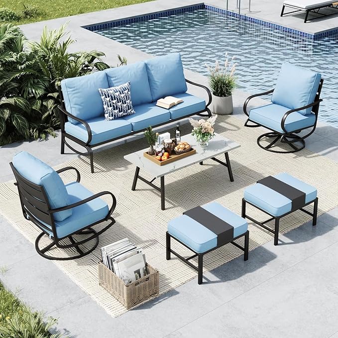 MFSTUDIO 6 Pieces Metal Patio Furniture Sets, 2 Swivel Chair, 1 Deep Seating 3-Seat Sofa, 2 Ottoman & 1 Marbling Coffee Table, All Weather 7 Seats Outdoor Conversation Set for Garden Backyard, Blue