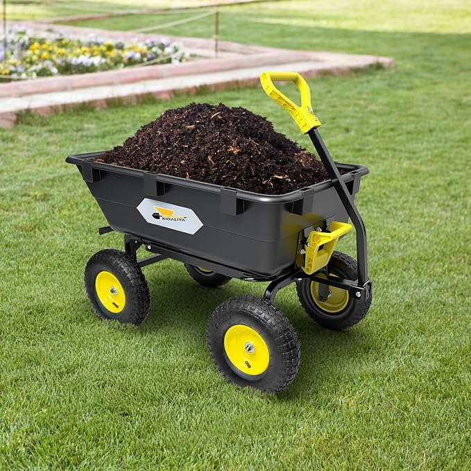 Garden Dump Cart, Heavy-Duty Utility Wagon with 1200 lbs Capacity, 6 Cu Ft Bed, 12.6" Pneumatic Tires, 180° Pivot Steering for Yard, Lawn, and Beach Use