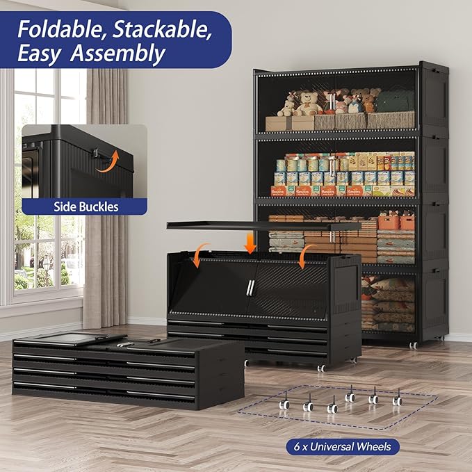 150Gal Extra Large Stackable Storage Bins with Lid, 600Qt Collapsible Storage Box with Wheels, Closet Organizers and Storage Cabinet Container for Home, Kitchen, Office, Bedroom, 3Pack Black