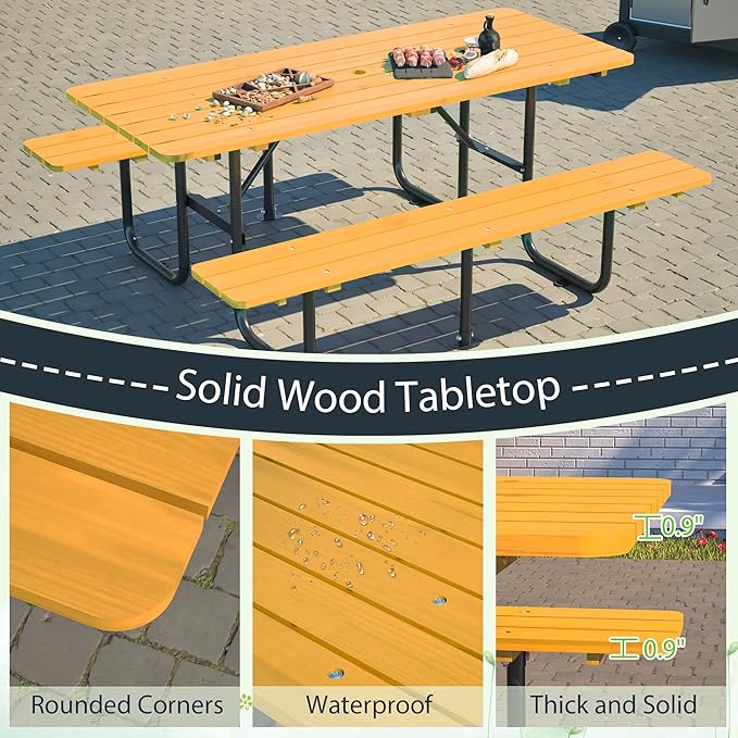Rueekfil 72" Rectangular Commercial Picnic Table with Wooden Top, Metal Legs, Durable Outdoor Dining Table Camping Table with 1.97" Umbrella Hole for School, Warehouse, Yellow