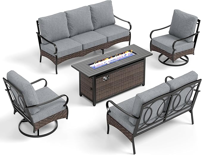 PHI VILLA Patio Furniture Set with 56" Fire Pit Table, Premium Outdoor Wicker Metal Frame Furniture with Upgraded Waterproof Thick Cushions for Porch, Poolside, Deck, and Yard （5 Pieces, Grey