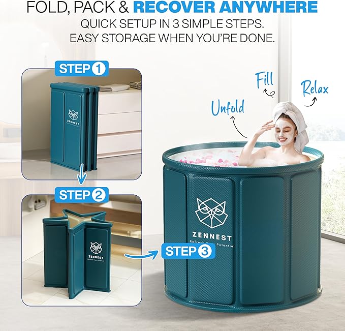 Zennest Foldable Portable Bathtub for Adults – 2-in-1 Hot & Cold Plunge, 105-Gal Large Capacity Collapsible Bathtub Adult, 6-layer Insulated Portable Soaking tub - Space-saving Design