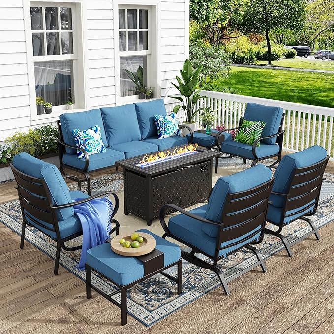 MFSTUDIO 8 Pieces Patio Furniture Sets with 45" Gas Fire Pit Table(Up to 9 Seat), Outdoor Metal Conversation Sofas with 1 x 3-Seat Sofa, 2 Single Chairs, 2 Rocking Chairs and 2 Ottoman, Navy Cushion