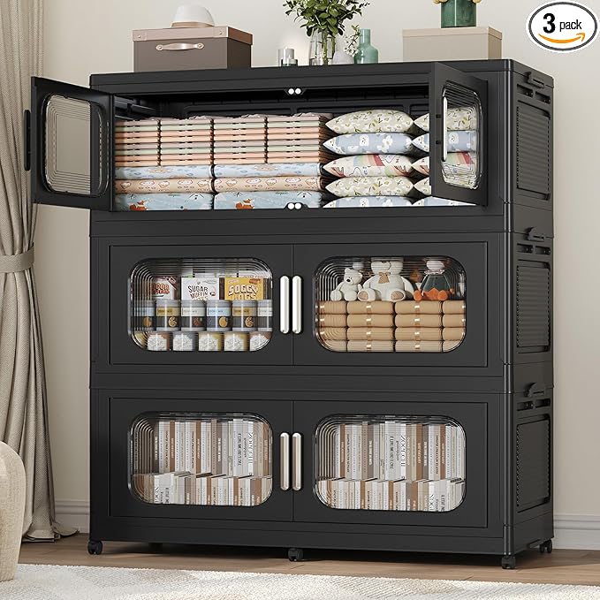 150Gal Exra Large Stackable Storage Bins with Lid, 600QT Collapsible Storage Box with 6x Wheels, Folding Plastic Cabinet Container with Door Drawer for Home Kitchen Office Dorm, 3Pack Black