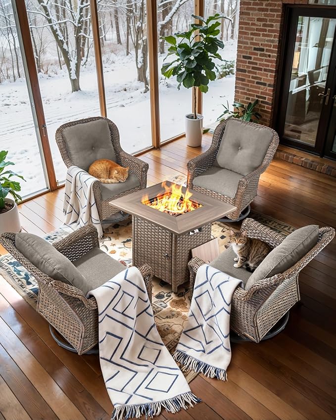 Patio Chairs Outdoor Swivel Glider - Set of 4 High Back Outside Brown Wicker Rattan Rocking Chair with Thick Cushion for Porch Apartment Deck Yard Poolside Garden - Grey