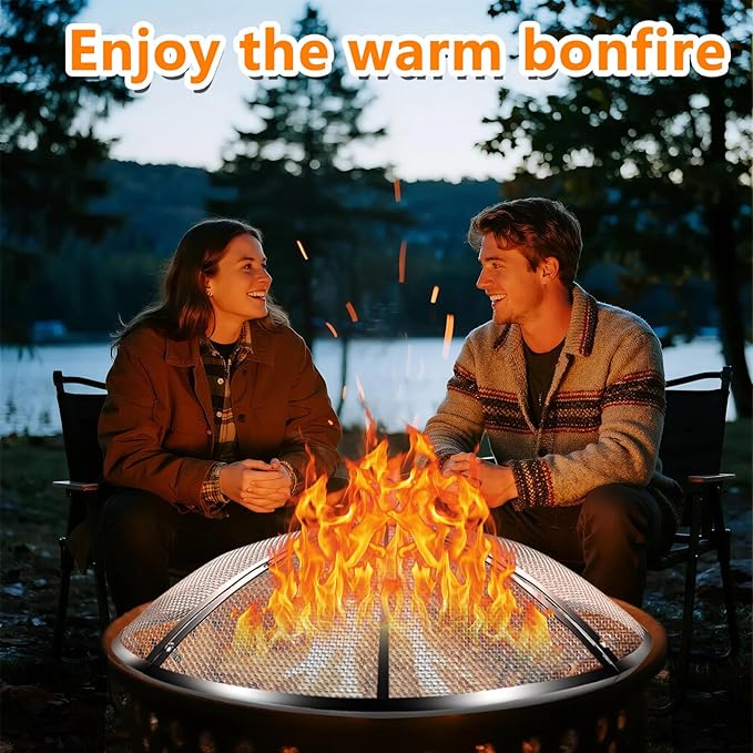 40 Inch Fire Pit Spark Screen,Stainless Steel Fire Pit Screen Cover with Handle&Poker,Outdoor Fire Pit Screen Cover Round Mesh Lid Heavy-Duty for Backyard/Beach/RV Camping