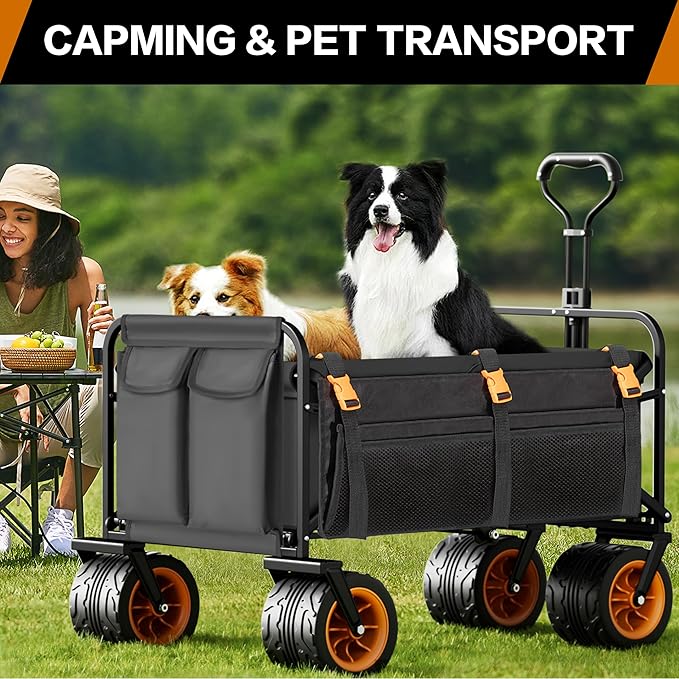Highpro Heavy-Duty Folding Beach Cart with Extra Large 150L Capacity, 360° Locking Brakes, Waterproof Fabric, and 6 Storage Pockets – Holds Up to 320 lbs for Camping, Beach, and Outdoor Use