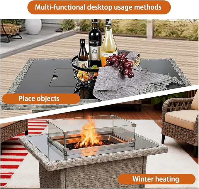 28 Inch Propane Fire Pit Table, 50,000 BTU Square Gas Fire Pit Table with Steel Lid, 2-in-1 Fire Table with Fire Glass for Patio, Garden & Backyard Gatherings, Black