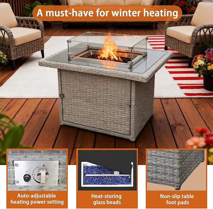 44 Inch Propane Fire Pit Table, 50000 BTU Gas Fire Pit with Glass Wind Guard & Lid, Outdoor Wicker Fire Table for Patio, Garden, Backyard (Grey)