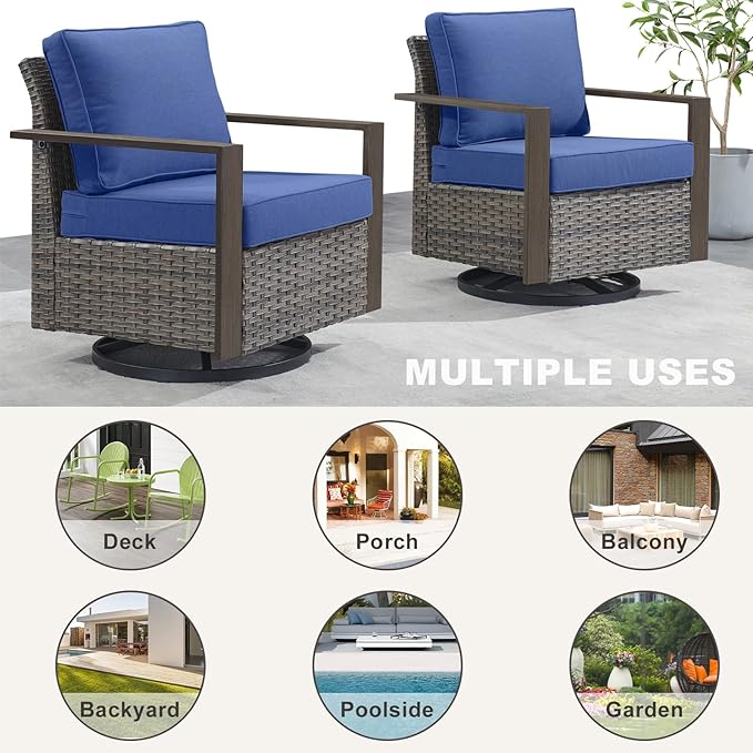 Rilyson Outdoor Wicker Patio Furniture Set - 4 Piece Patio Conversation Set with 2 Wicker Swivel Rocker Chairs,2 Rattan Ottoman, Thick Cushions, Deep Seating, Wide Armrest(Mixed Grey/Blue)
