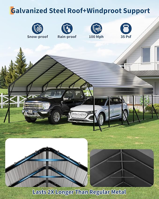 20x25 FT Heavy Duty Metal Carport Kit, Reinforced Frame with Anchors, for Trucks, Boats, RV, Tractor, 100MPH Wind & 35PSF Snow Rating, Easy Assembly