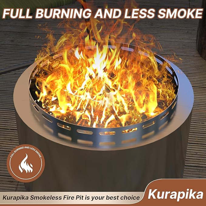 Kurapika 19-Inch Smokeless Fire Pit for Outside, Portable Outdoor Smokeless Stove - Wood Burning Stainless Steel Fireplace with Ash Poker & Carry Bag, Low Smoke Firepit for 4-6 People - Silver