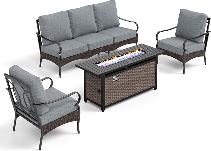 Patio Furniture Set with 56" Fire Pit Table, Premium Outdoor Wicker Metal Frame Furniture with Upgraded Waterproof Thick Cushions for Porch, Poolside, Deck, and Yard （4 Pieces,Grey