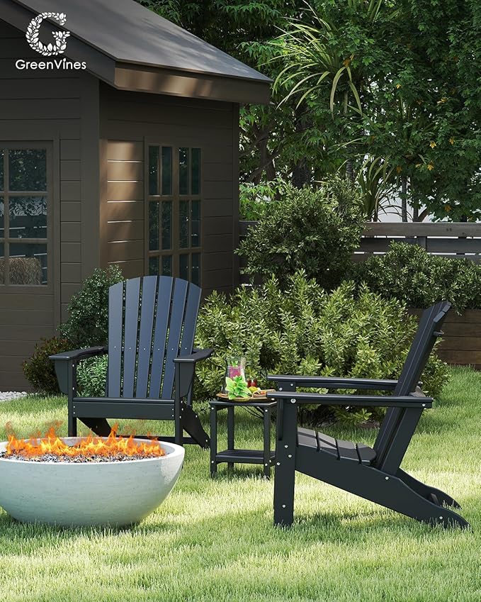 GREENVINES Adirondack Chair | HDPE Plastic | Oversized Fire Pit Chairs | All Weather | Black | Poly Lumber | for Outdoor Deck Backyard Patio Garden