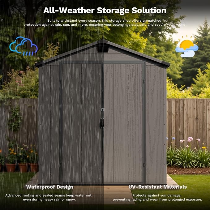 Patiowell 6X6 FT Plastic Outdoor Storage Shed with Floor, Resin Outside Tool Shed with Window and Lockable Door for Garden, Backyard, Tool Storage Usage, Easy to Install, Dark Grey