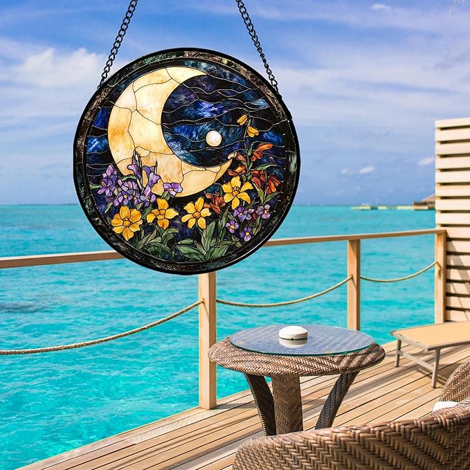 JOSUMALY Stained Glass Window Hanging - Blue Night Sky Moon Suncatcher for Door Terrace Garden Home Decor Wildflowers Sun Catcher Birthday Gifts for Lovers Women Men Dad Mom Nana 9.8 in