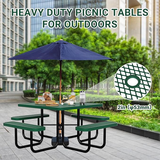 HIMcup 46" Square Picnic Table for Outside,Heavy Duty Metal Picnic Table Bench Set with 2in Umbrella Hole, 1600 lb Capacity,Commercial Dining Table Furniture for Garden Yard Patio Party Coffee Shop