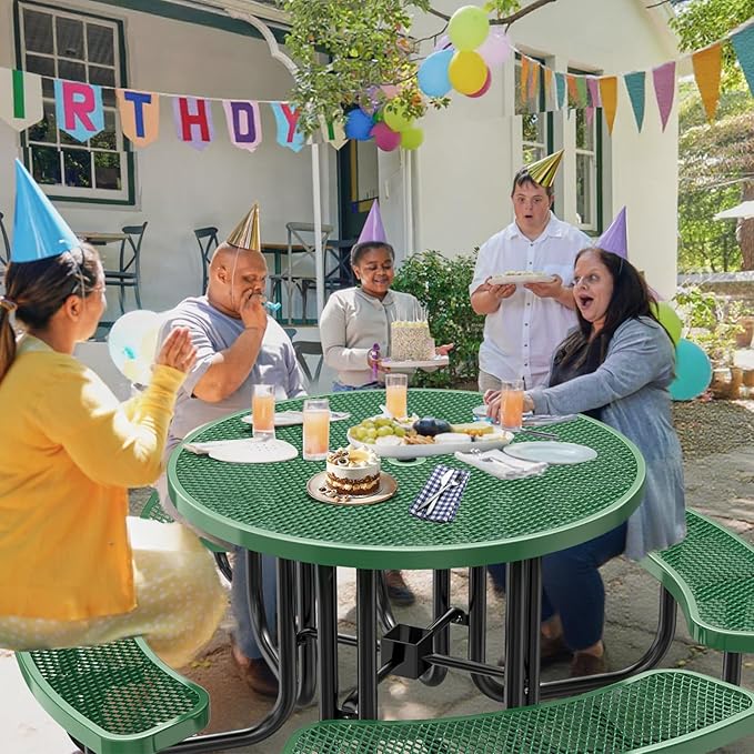 46" Round Top Outdoor Picnic Table Set for Up to 8 Persons, Outside Table Set with 4 Built-in Benches, Metal Commercial-Grade Dining Furniture with Umbrella Hole for Garden, Backyard, Porch, Green