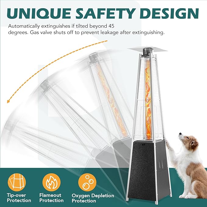 48,000 BTU Flame Pyramid Pool Heater With Cover, Triple Safety Protection with Patio Cover, Warm Glass Tube Portable Heater with Durable Wheels - Gray