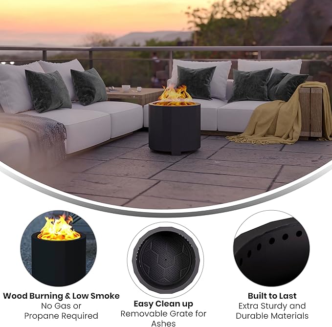 Flash Furniture Titus Commercial Grade Wood Burning Smokeless Outdoor Firepit - Black Finish - 19.5 inches - Portable - Waterproof Cover