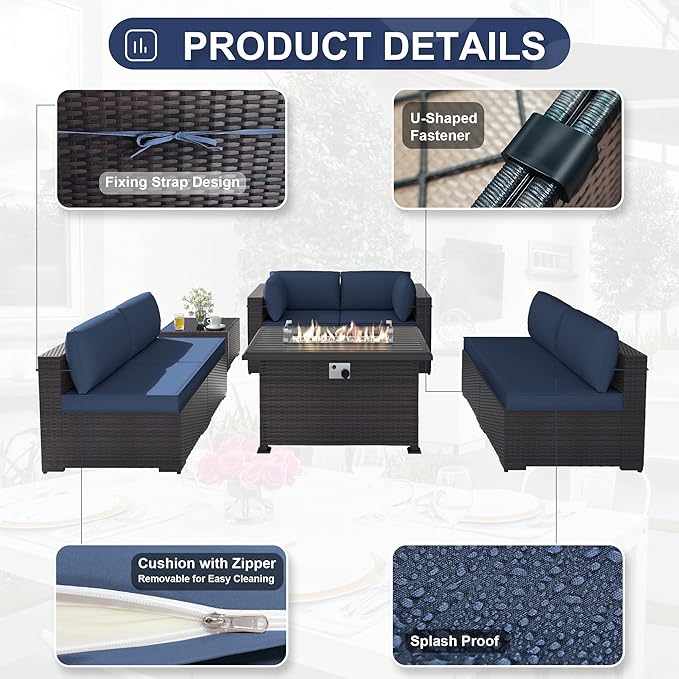 Kurapika 8 Pieces Patio Furniture Set, Rattan Wicker Outdoor Conversation Sets w/43in Propane Fire Pit Table and 4 Inch Cushion(Navy Blue)
