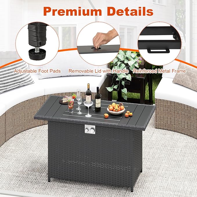 Tangkula 44.5 Inch Propane Fire Pit Table, Outdoor Rattan Gas Firepit with Metal Slatted Tabletop & Stainless Steel Burner, Rectangle Fire Pit with Lava Rocks & Protective Cover for Outside Patio
