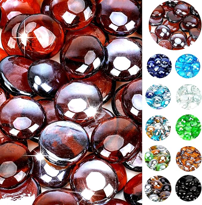 onlyfire Flat Fire Glass Beads for Propane Fire Pit, 1/2 Inch Reflective Firepit Glass Rocks 10 Pounds Flat Marbles for Gas Fireplace and Fire Pit Table, High Luster Amber