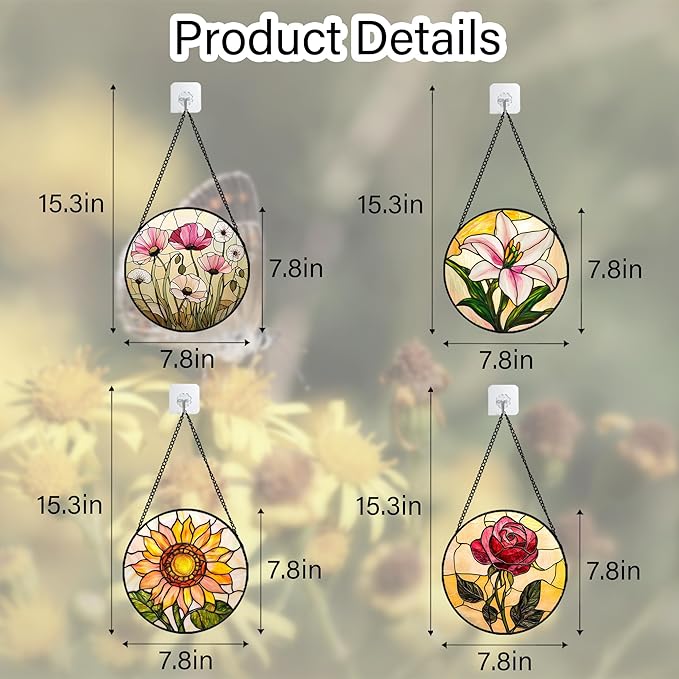 AMDERVEN Stained Glass Window Hanging 4 Pcs Set Lily Rose Sunflower Poppy 7.8" - Flower Suncatcher Door Garden Sun Catcher Decor Birthday Mother's Day for Wife Woman Nana Girl