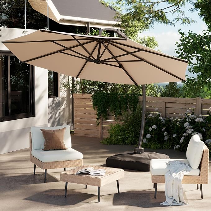 ENSTVER 11FT Cantilever Patio Umbrella With Base Included, Round Large Aluminum Outdoor Cantilever, Heavy Duty Offset Umbrella with 360°Rotation for Pool, Deck, Backyard, Garden(Champagne)
