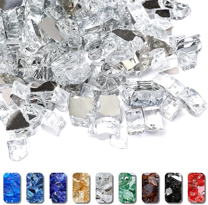 GRISUN Ultra White Fire Glass for Fire Pit, 10 Pounds 1/2 Inch High Luster Reflective Tempered Glass Rocks for Natural or Propane Fireplace, Safe for Outdoors and Indoors Firepit Glass