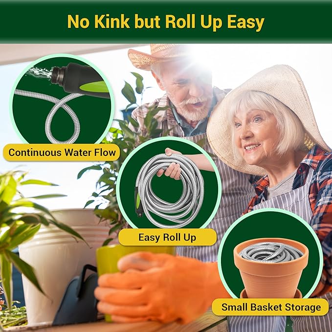 Garden Hose - Water Hose 100 FT with Swivel Handle & 8 Function Nozzle, Flexible, Heavy Duty, No Kink, Lightweight Metal Hose for Outdoor, Yard, 304 Stainless Steel