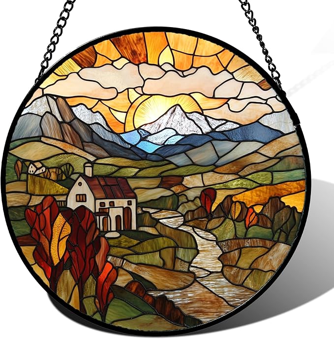 QZQCBLC Stained Glass Window Hanging Farm Pastoral Scenery 9.8" - Sunrise Suncatcher Door Garden Sun Catcher Home Decor Birthday Christmas for Mom Men Woman Nana Friend Wife