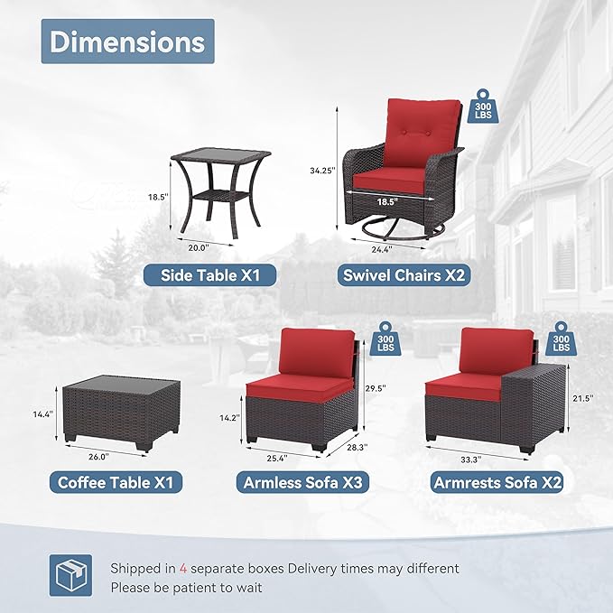 Kurapika 9 Pieces Patio Furniture Set, Rattan Sofa Set, Outdoor Conversation Sets w/Swivel Rocking Chairs Patio Sectional Sofa w/4 Inch Cushion, Red