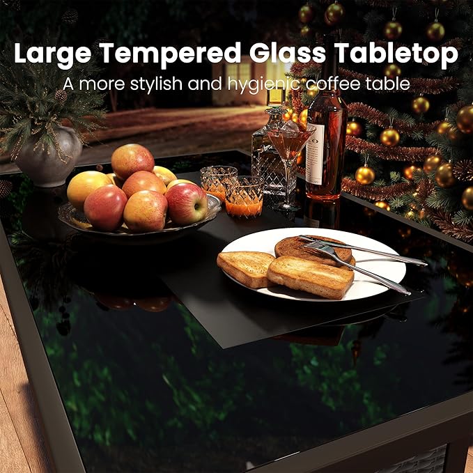 Propane Fire Pit Table, Outdoor Fire Pit Table, 43" Rattan Rectangle Outdoor Gas FirePit with Glass Wind Guard, Tempered Glass Tabletop, Lid, CSA Listed, 60,000 BTU, Outside Patio Deck & Garden, Black