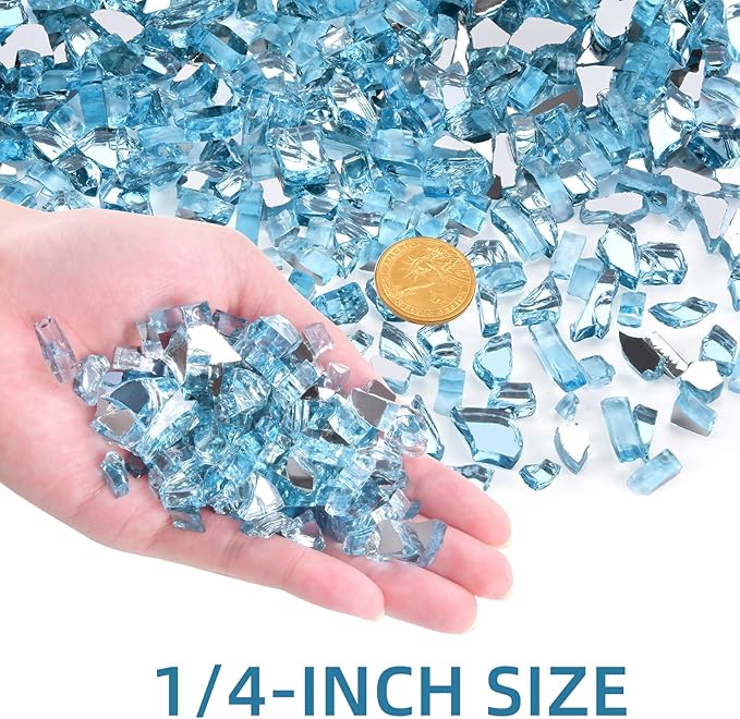 GasSaf 1/4 Inch Fire Glass Reflective Tempered Fireglass Cut Crushed FireGlass for Fire Pit, Fireplace, Replaces Existing Gas Logs & Lava Rocks (10 Pound)(Caribbean Blue)