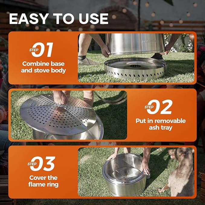 Smokeless Fire Pit with Travel Bag, Portable Outdoor Wood Burning Fireplace, 19 Inch Stainless Steel