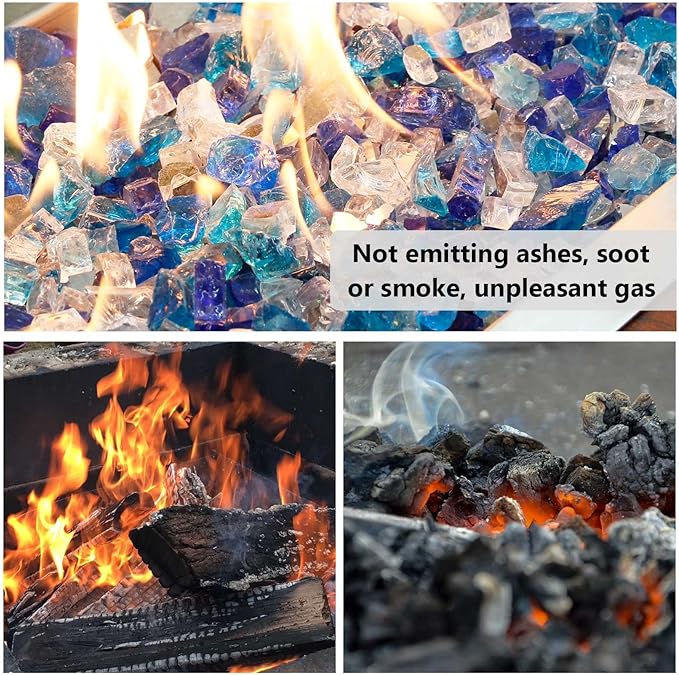 Fire Glass for Fire Pit - 1/2 Inch 10 Pounds High Luster Reflective Tempered Glass Rocks for Natural or Propane Fireplace, Safe for Outdoors and Indoors Bahama Blend Fire Pit Glass