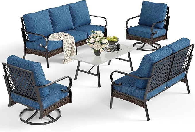 SUNSHINE VALLEY 5 PCS Metal Outdoor Patio Furniture Set, Patio Conversation Set with 1 3-Seater Sofa, 2 Swivel Sofa, Coffee Table - Black & Blue