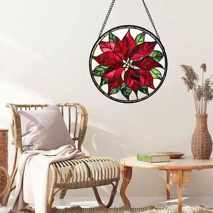CRISGIF Stained Glass Window Hanging - Red Poinsettia Birth Flower Suncatcher for Door Garden Yard Sun Catchers Decor Christmas Mother's Day Birthday Gifts for Women Mom Nana Friend Men 6.3 in