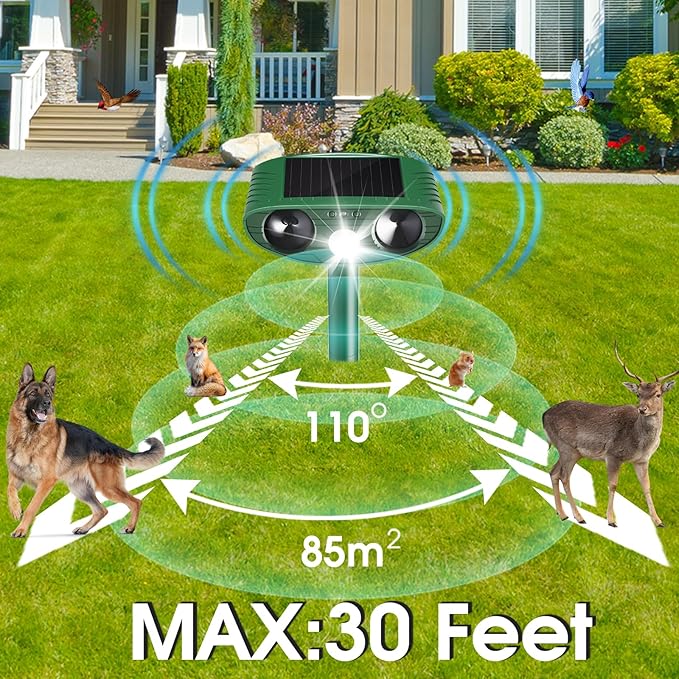 Stray Cat Deterrent Outdoor Solar Powered - Motion Activated Animal Repeller Ultrasonic, Humane Pest Control for Gardens, Yards to Repel Deer,Raccoons,Squirrels,Skunks,Birds,Rabbits