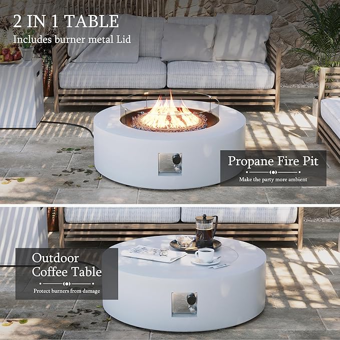 UPHA 42-Inch Outdoor Propane Fire Pit Coffee Table with Iron Round Fire Pit Patio Heater & Weatherproof Cover, 50,000 BTU Stainless Steel Burner, Blue Glass Stone, Weatherproof Cover, White