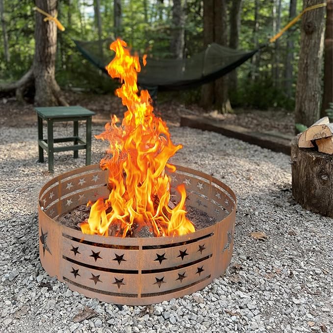 Fire Pit Ring 33in Steel Fire Ring Heavy Duty Carbon Steel Liner, Outdoor Cooking Camping Steel Fire Ring Combo Insert DIY Campfire Liner