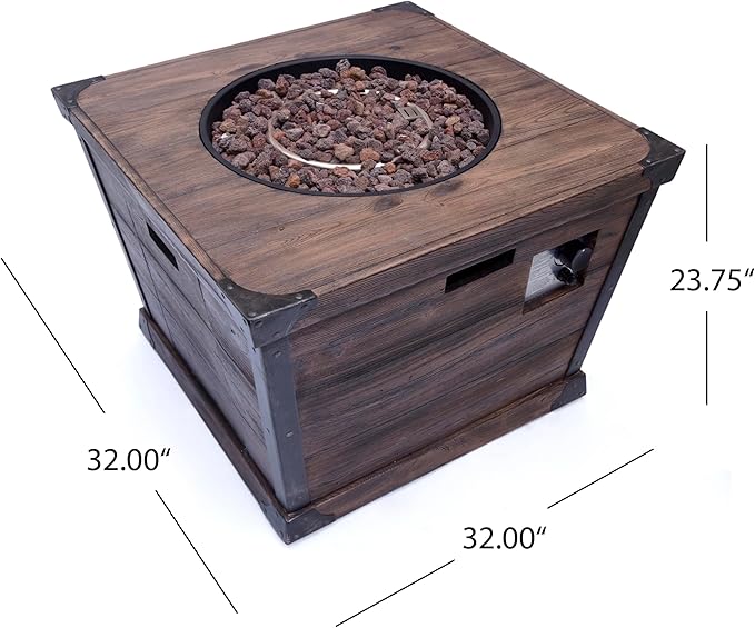 Propane Fire Pit Table, 32 Inch Firepits for Outside, Square Gas Fire Pit for Outside Patio, Propane Fire Table with Wood Pattern, 40000BTU, Brown