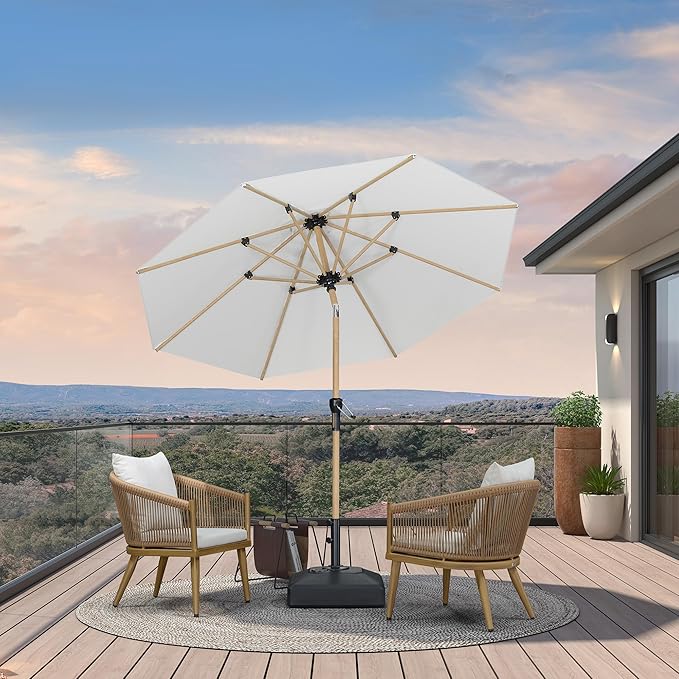 PURPLE LEAF 8 Feet Market Umbrella with Base Patio Umbrella Round Outdoor Table Umbrella with Push Button Tilt & Crank and 8 Ribs Aluminum Outdoor Umbrella for Garden Deck Balcony, Cream