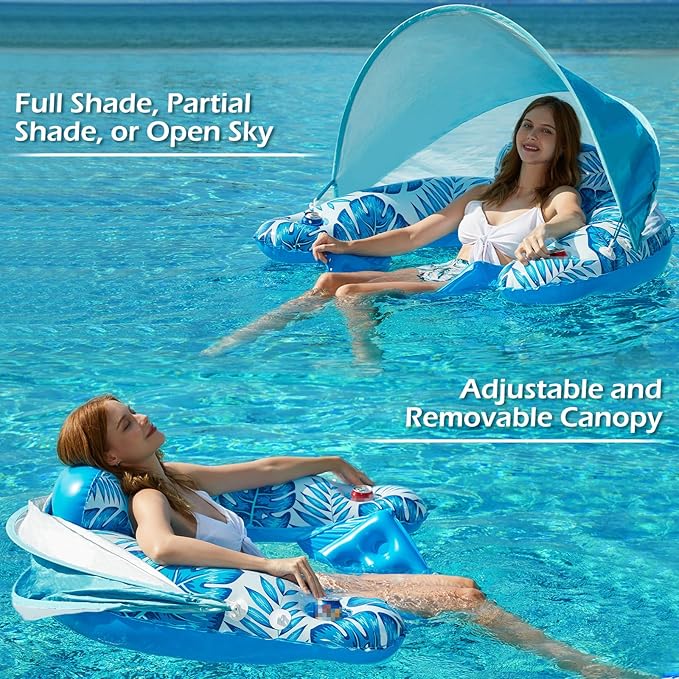 Jasonwell Pool Float with Canopy - Inflatable Pool Floaties Adult Floating Pool Chair Lounge Floats for Swimming Pool Water Chair Pool Lounger with Cup Holders Pool Toy Party Floaty for Adults