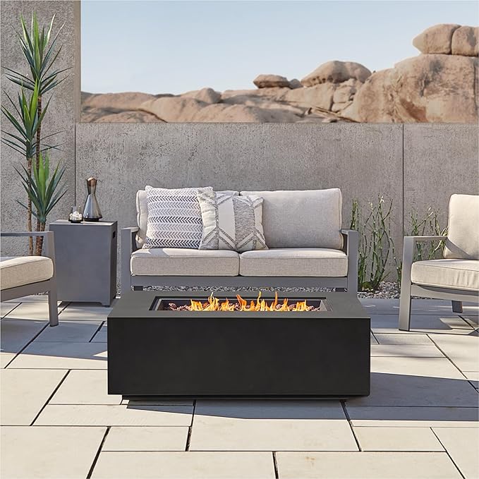 Real Flame Aegean 42in Rectangle Propane or Natural Gas Fire Pit Table, 50,000 BTU, Powder-Coated Steel, Push-Button Ignition, CSA Certified, Lava Rock, Storage Cover, Stainless Steel Burner with Lid