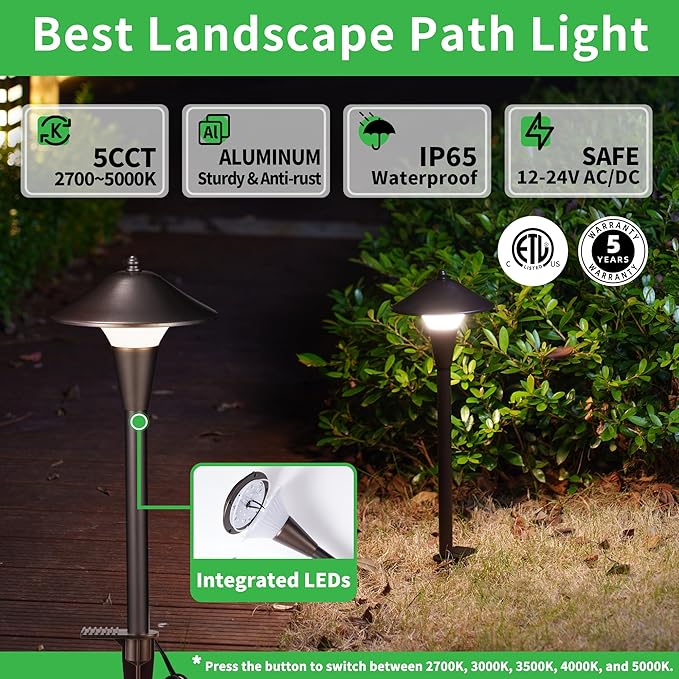 Varmtalys Outdoor Low Voltage Pathway Light - 5CCT Adjustable Walkway Lights LED, 12V Landscaping Pathlights, Mushroom Shape Driveway Lighting Waterproof IP65 ORB Aluminum for Sidewalk Lawn (10 Pack)