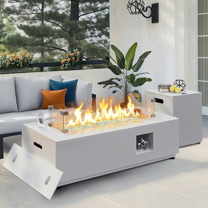 NICESOUL 42'' Rectangle Outdoor Gas/Propane Firepit Table, 50,000 BTU Low Profile Modern Fire Pit with Tank Storage & Windguard& Cover & Glass Rocks for Patio Outside, CSA Certified, Greyish White