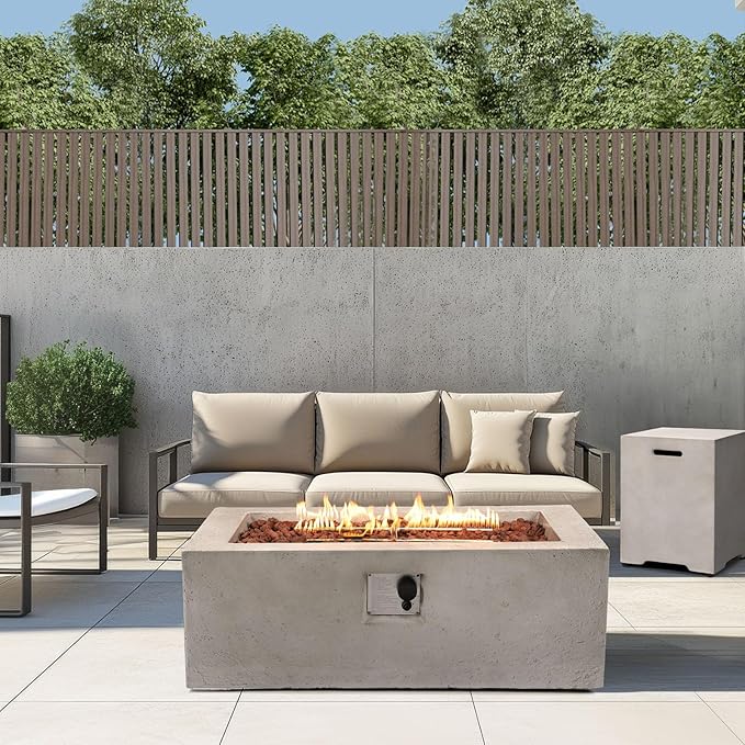 Rectangular Propane Fire Pit,42 Inch Outdoor Fire Pit Table 2-Piece 50,000 BTU,Concrete Firepit with Tank Cover Table w/Lava Rocks Gas Fireplace for Patio & Deck